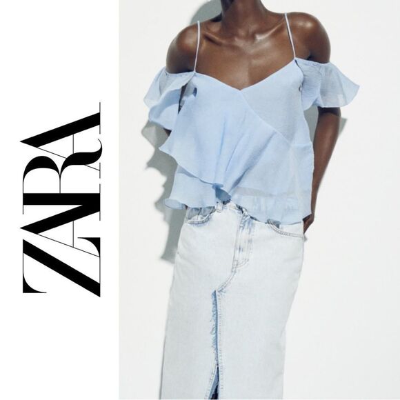 Zara Women’s Baby Blue Flutter Sleeve Off-Shoulder Ruffled Blouse - Size‎ S - Picture 1 of 3